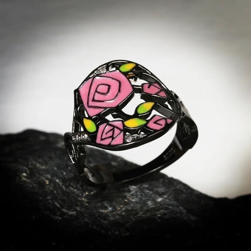 lack Gold/ Rhodium Plated Sterling Silver Beauty & The Beast Eternal Rose Ring